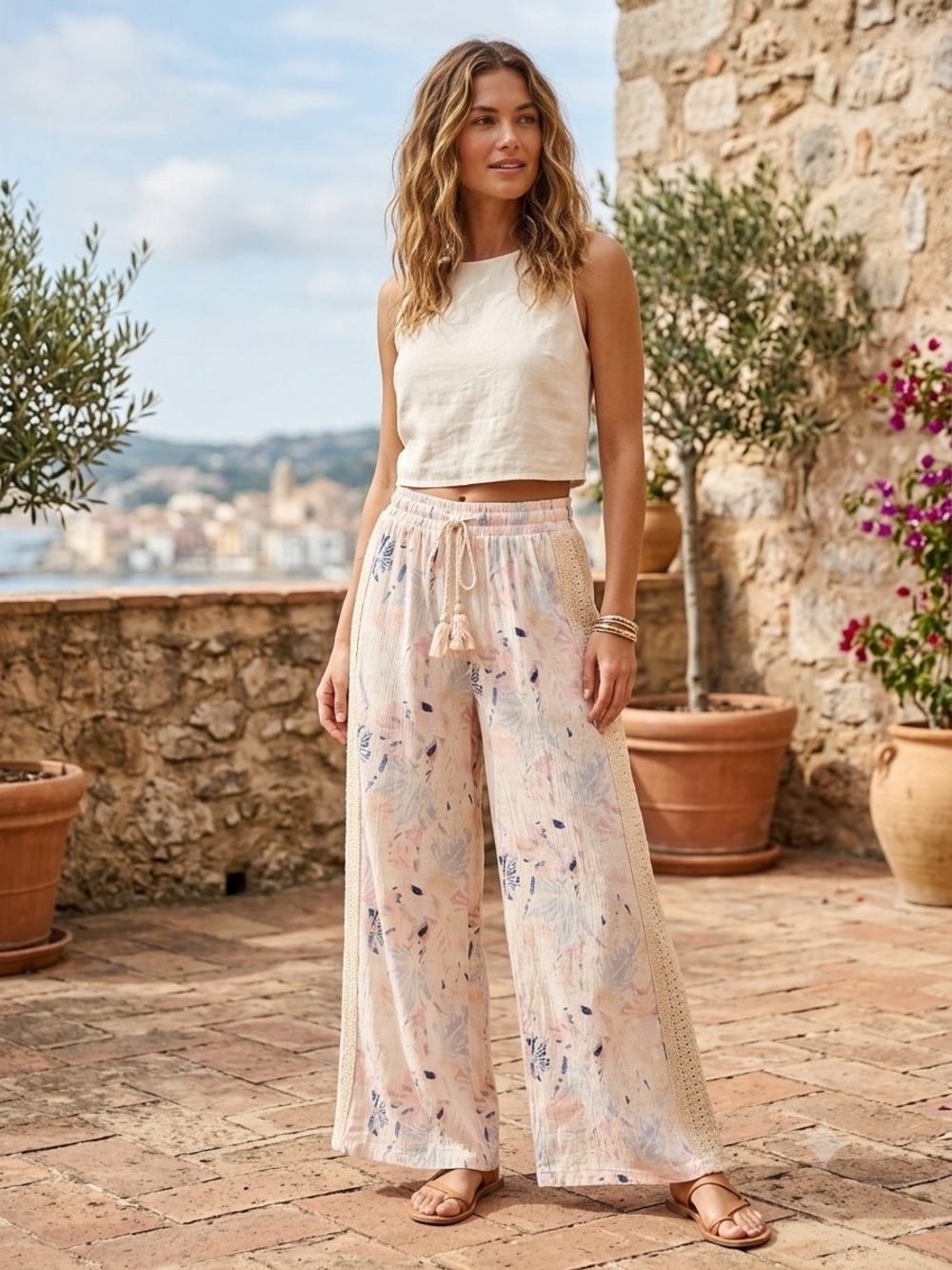 Rewash Cream Floral Wide-Leg Drawstring Pants